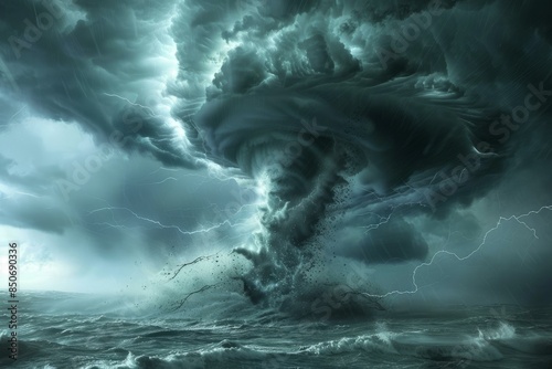 Dramatic digital artwork of a tornado amidst a stormy sea with lightning