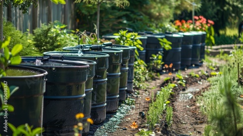 A suburban backyard boasts a simple but effective rain barrel system with multiple barrels lined up and connected to each other with PVC pipes.