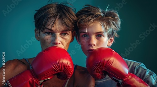 Mother and teenage son wearing boxing gloves takes a stance ready to fight