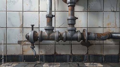 Condensate drainage pipes under a basin, intricate sewage system, exposed piping, realistic depiction, raw style