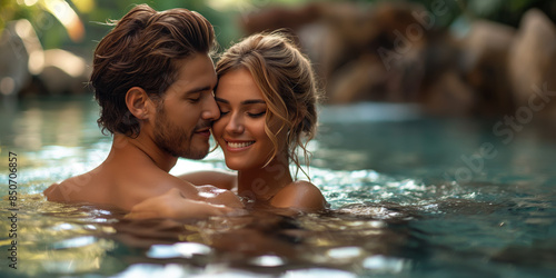 Mann und Frau halten sich gegenseitig in einem tropischen Schwimmbad