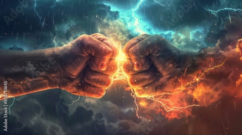 Two fists colliding with powerful energy, sparks, and lightning in a dramatic scene representing conflict, power, and energy.