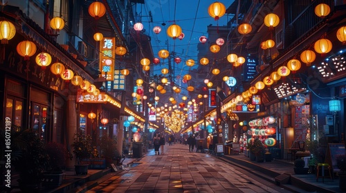 Lantern-lit streets at Lantern Festival, Taiwan.