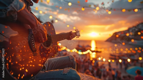 Close-up of a guitarist playing passionately on stage during a sunset performance at a music festival. The background shows a lively crowd with colorful festive decorations.