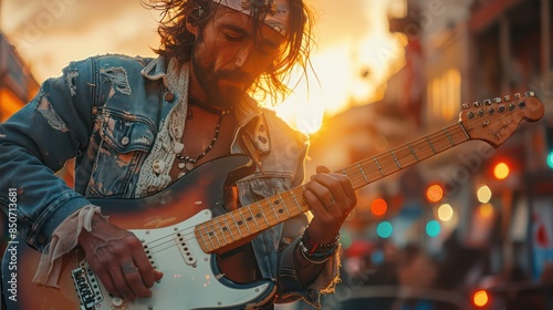 Close-up of a guitarist playing passionately on stage during a sunset performance at a music festival. The background shows a lively crowd with colorful festive decorations.