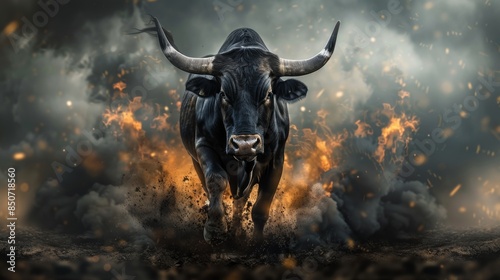 Black Bull Charging Through Smoke And Fire