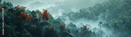 Enchanting Mist Lush Forest Cloaked in Fog with Vibrant Red Foliage Creating a Mystical and Tranquil Landscape Capturing the Serene Beauty and Peaceful Ambience of Nature's Breath taking Scene