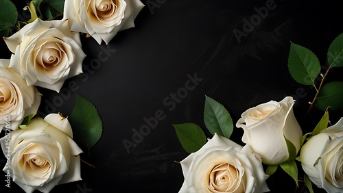 Fresh white roses on black dark background, condolence theme.