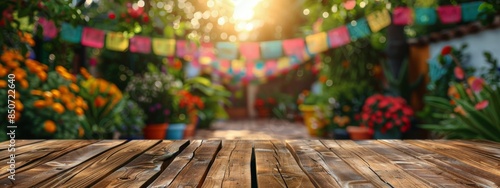 Wooden Tabletop With Blurry Background Of Colorful Decorated Street