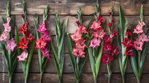 Flat lay composition with beautiful gladiolus flowers