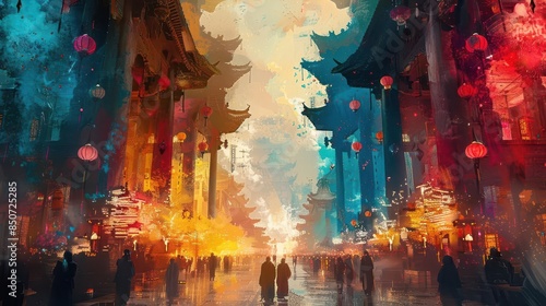 Vibrant street scene with traditional Chinese architecture, lanterns, and people.