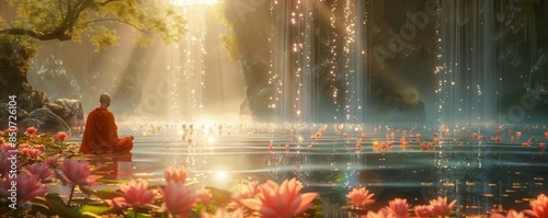 A lone figure sits in meditation by a tranquil lake surrounded by vibrant flowers.