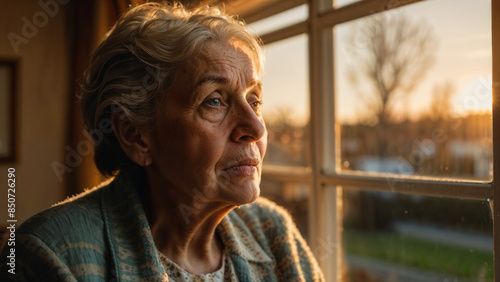 Elderly women in a care home looking out of a window at sunset