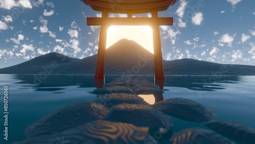 Pathway to Tranquility: Modern 3D Representation of a Traditional Torii Gate at Sunrise