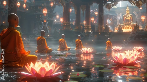 Monks meditate on lotus flowers in a serene temple setting.