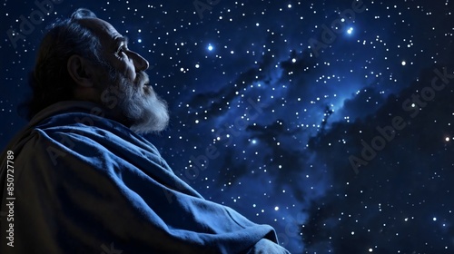 Abraham sitting on step gazing at starry night sky, faith and reflection in biblical history