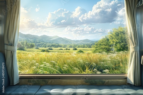 Scenic view of a lush green landscape and mountains, seen through a window with curtains, showcasing nature's beauty on a bright sunny day.