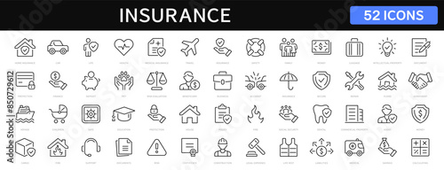 Insurance thin line icons set. Insurance editable stroke symbols collection. Life, car, house, care, money, pet insurance. Vector illustration