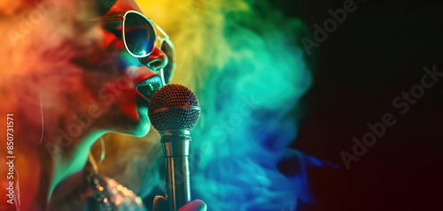 Close up portrait of a black femaale singer singing to a microphone and wearing sunglasses, rainbow color stage smoke background with copy space