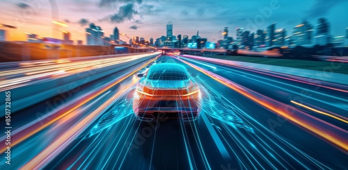 Aut sis, self driving cars on highway with futuristic technology waves in the air, skyline city background, motion blur, high speed. Futuristic Car Driving Through a High-Tech Cityscape