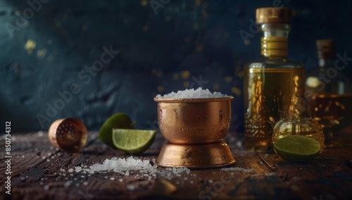 AI-generated ice and lime on a rustic bar with whiskey and tequila
