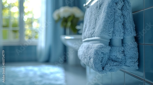 A fluffy bath towel hanging on a hook, ready for use.