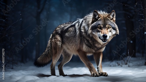 A powerful wolf, its muscles tense and ready to pounce, stalking through a snowy landscape on a cold winter night.