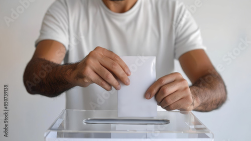 mains d'homme en train de déposer un bulletin de vote dans une urne