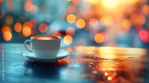 espresso cup on a table with colored bokeh in the background, realistic picture