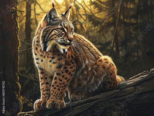 The majestic female lynx in a lush green forest Stock encounter