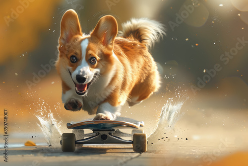 Energetic playful Corgi dog riding a skateboard