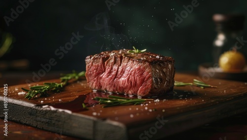 Artificially generated grilling of a fillet steak on a rustic wood table