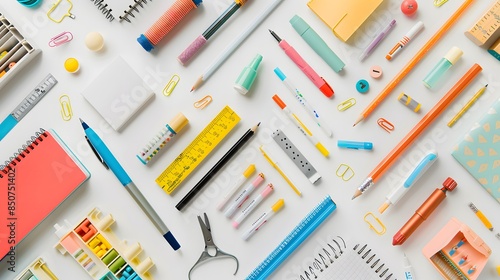 Directly Above Shot Of School Supplies on white background.