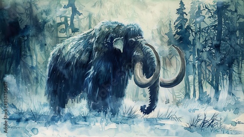 Woolly mammoth depicted in dynamic watercolor style, capturing the essence of ancient wildlife