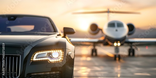 Luxury Car Service for Private Jet Clients Business Class Airport Transfers. Concept Luxury Car Service, Private Jet Clients, Business Class, Airport Transfers