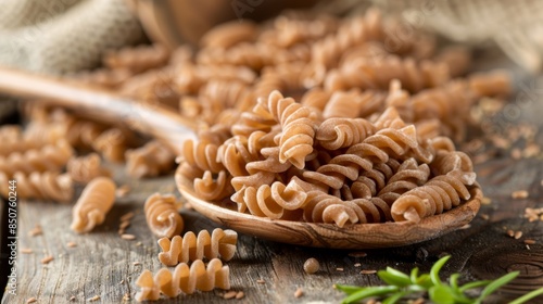 Whole grain fusilli pasta in a wooden spoon on rustic background