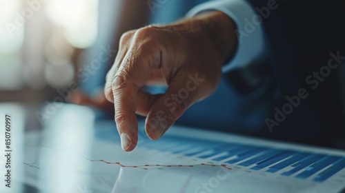 A visually striking image of a businessman's finger touching a graph showing sharp profit growth, set against a clean white backdrop. Created with Generative AI.