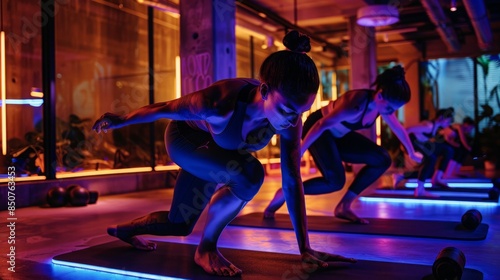 A woman in a yoga studio does a low lunge with neon lights illuminating the studio floor and equipment.