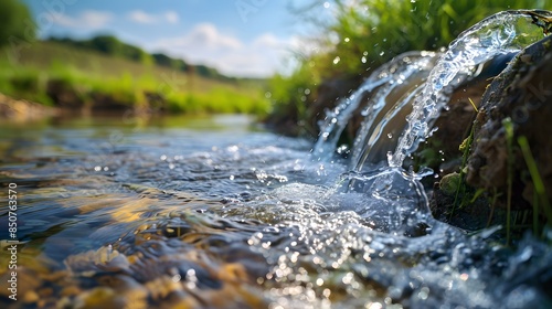 Water flowing from pipes into the river. The water quality concept shown closeup could be used as copy space for text and a banner background.