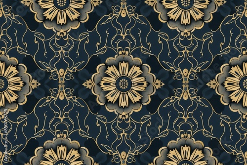 Seamless Pattern with Intricate Gold Motifs on Dark Blue Background