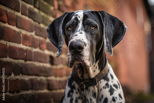 Portrait of a happy great dane while standing against vintage brick wall