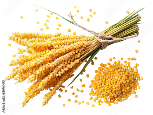 A bunch of millet stalks tied together with twine, with millet seeds scattered around.