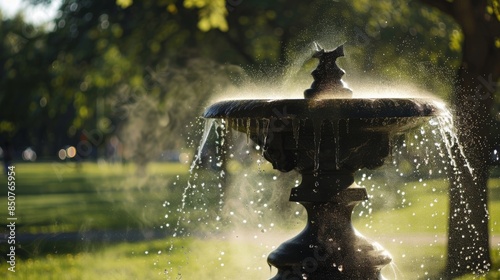 A hot summer day made bearable by the refreshing mist from a solarpowered water fountain providing relief to park visitors.