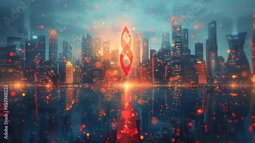 Futuristic city skyline with glowing red symbol in the center.