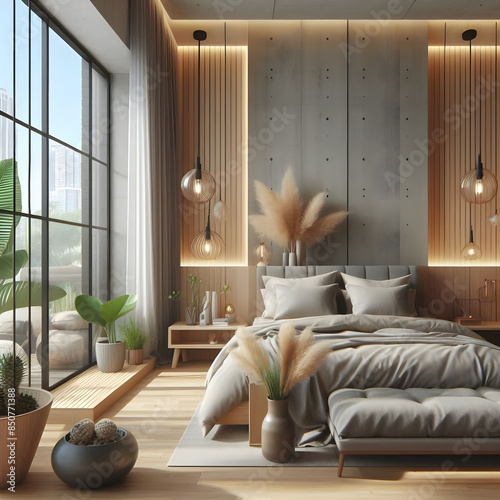 Modern Bedroom ll Interior Designmodern bedroom, interior design, sleek, minimalist, contemporary, neutral tones, cozy, clean lines, elegant, sophisticated, plush bedding, wall art, bedside table, rea