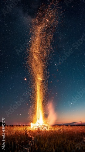Huge bonfire in the field at night, summer solstice festival, sparks flying upwards, starry sky