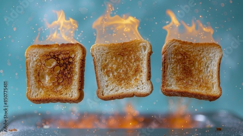 Three slices of toasted bread are remarkably suspended in the air with visible flames and sparks emanating from them, set against a blue backdrop