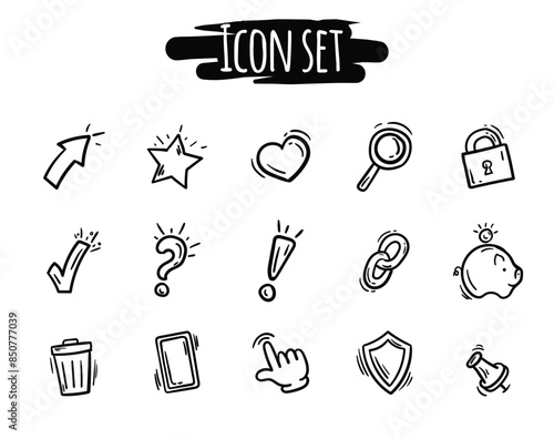 Black and white set of hand drawn icons of communication, business, social media. Vector elements for website, design