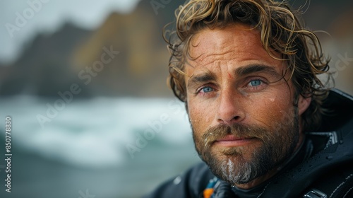 Adventurous surfer man looking at the ocean with introspective gaze