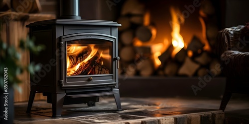 Wood stove in front of logs creates a warm and cozy atmosphere in the room. Concept Indoor Décor, Cozy Ambiance, Wood Stove, Log Fire, Warm Atmosphere